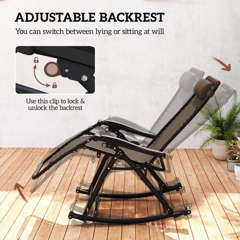 2 in 1 Adjustable Zero Gravity Reclining Lounge Chair Garden Recliner and Rocker Foldable Sun Lounger Napping Seat w/ Headrest & Tray Brown