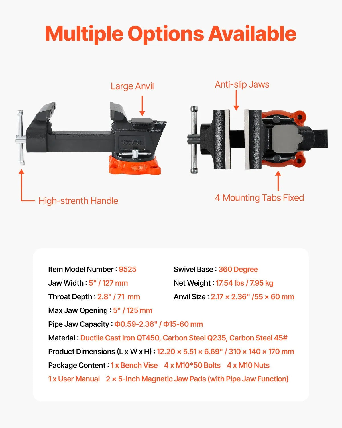 VEVOR 5" Bench Vise Multipurpose Heavy Duty Ductile Iron Swivel Locking Base