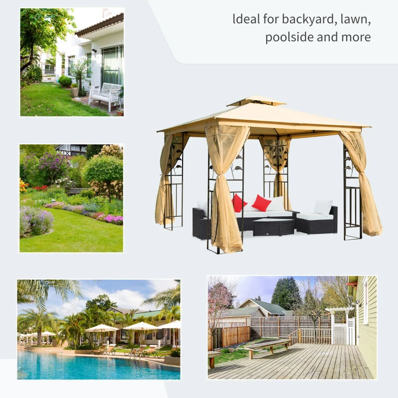 10'x10' Soft-top Steel Patio Gazebo Outdoor Sun Shelter with 2-Tier Polyester Roof, Curtain Sidewalls, Beige