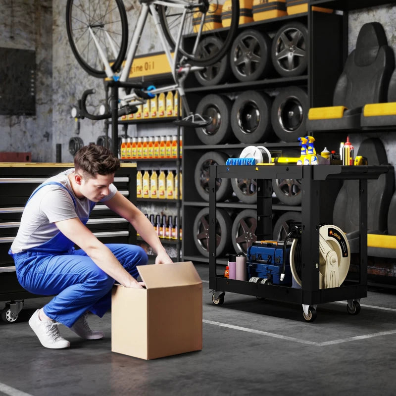 2-Tier Rolling Tool Cart with Wheels, 500 LBS Capacity Utility Cart with Handle, Mobile Service Tool Organizer, Black