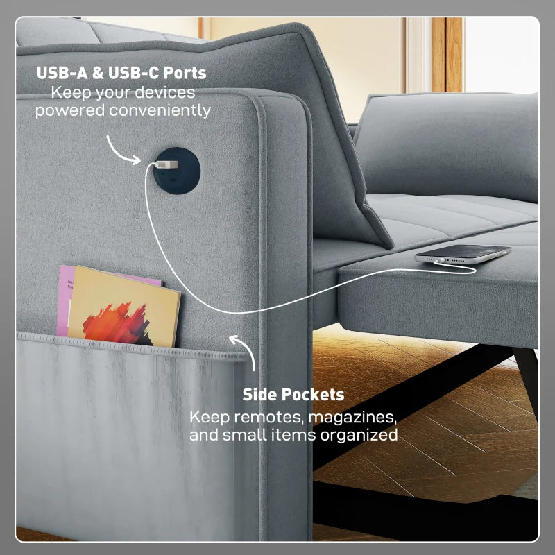 3‑in‑1 Convertible Sofa Bed, Pull Out Sleeper Sofa with USB Charging, Adjustable Backrest, Side Pockets, Light Grey