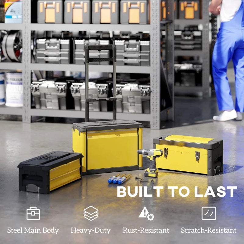 3-in-1 Tool Box with Wheels, Stackable, Modular Steel Toolbox with Tray, Handles, Latches for Workshop, Garage, Yellow