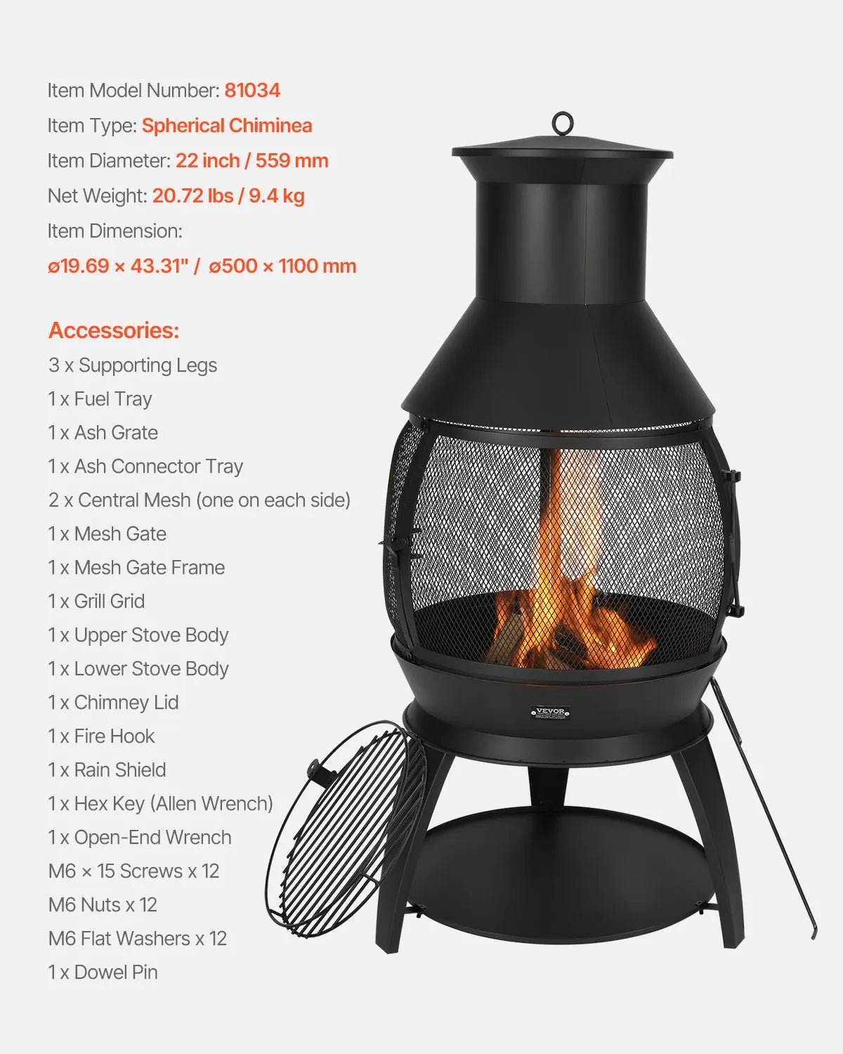 VEVOR 22 Inch Chiminea Outdoor Iron Fireplace with Grill Mesh & Chimney Coat