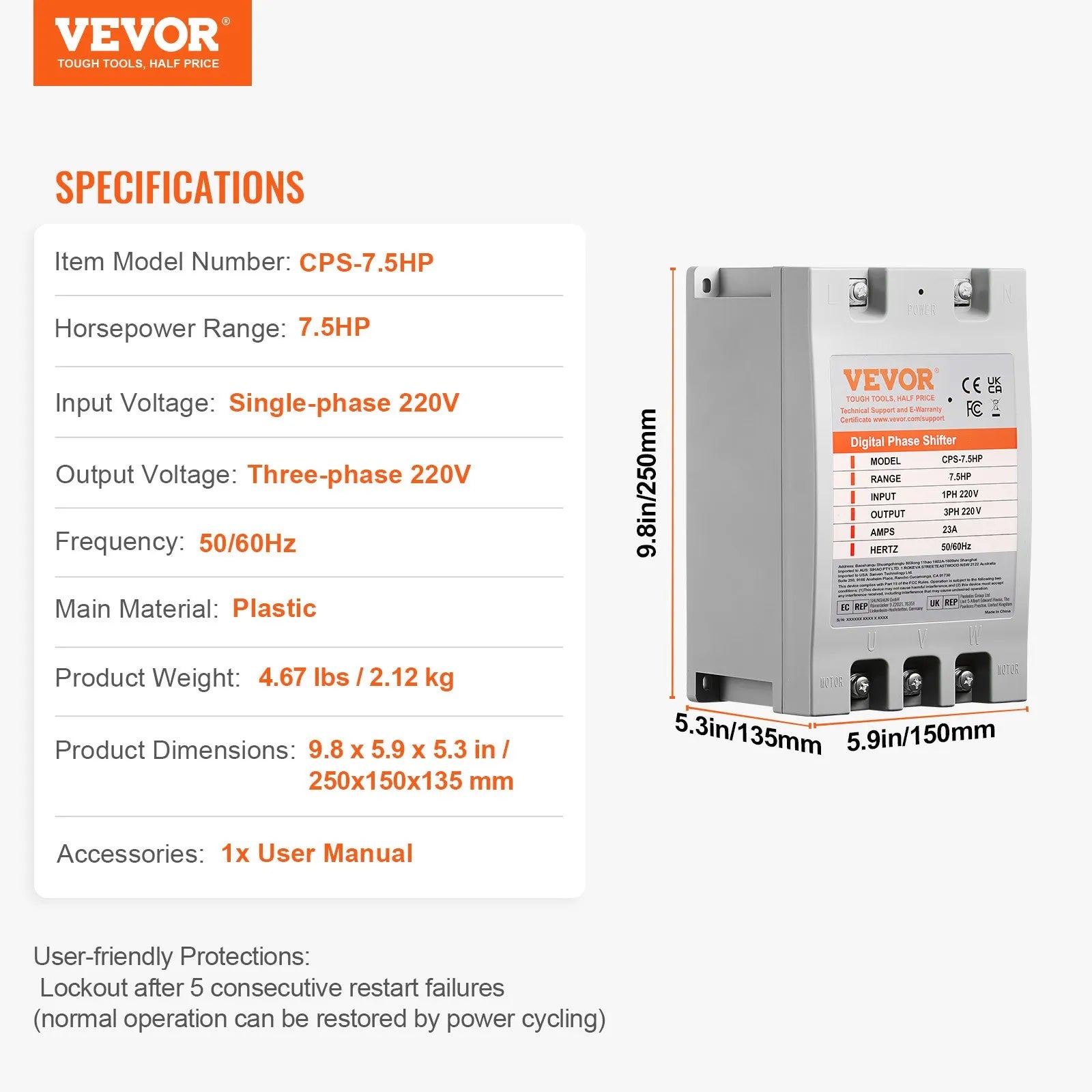 VEVOR 3 Phase Converter - 7.5HP 23A 220V Single Phase to 3 Phase Converter, Digital Phase Shifter for Residential and Light Commercial Use, 220V-240V Input/Output (One Converter for One Motor Only)