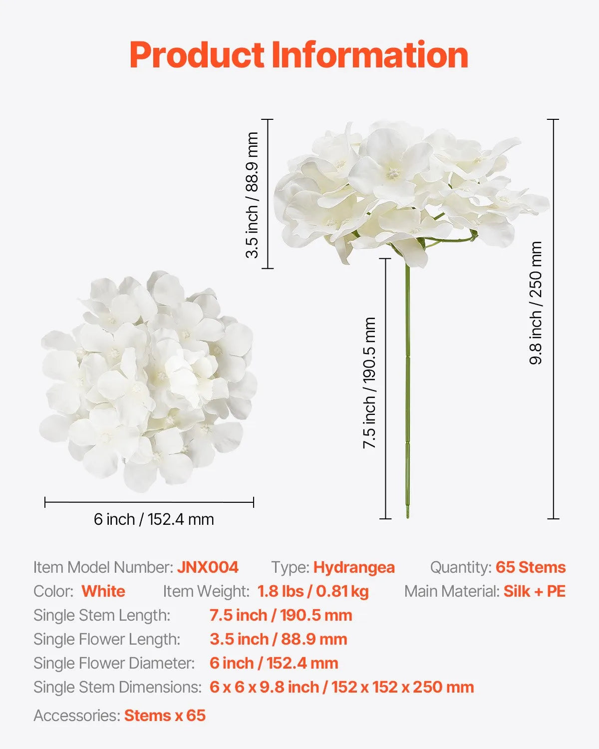 VEVOR 65 Pcs Artificial Silk Hydrangea Flowers 9.8 In Bouquet Arrangement White