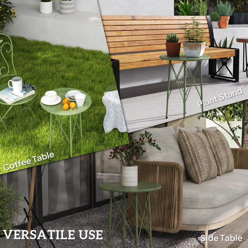 15.7" Round Garden Table with Floral Cut-Out, Steel Balcony Side Bistro Coffee Table with Adjustable Feet, Green