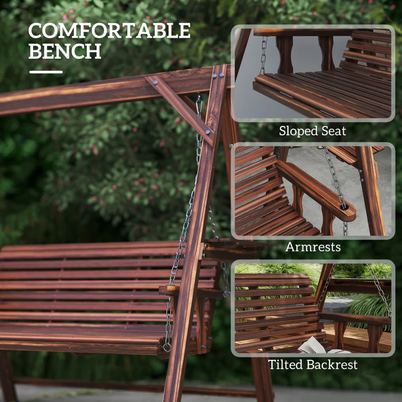 3 Seat Wooden Porch Swing with Stand, Patio Swing with Side Tables, for Garden, Poolside, Backyard, Carbonized Brown