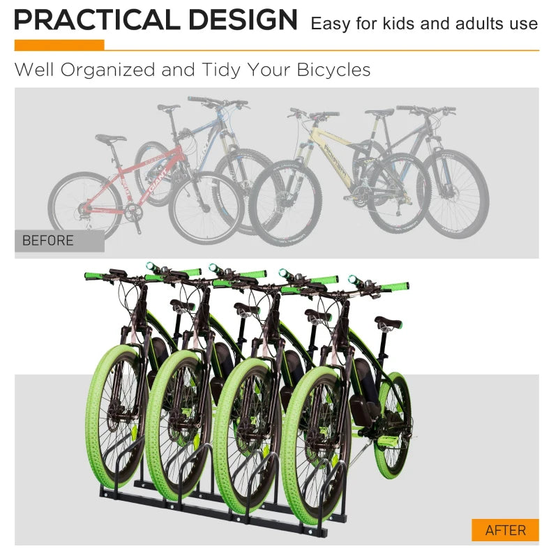 Soozier 4-Bike Bicycle Floor Parking Rack Cycling Storage Stand Garage Organizer for Indoor and Outdoor Use Black