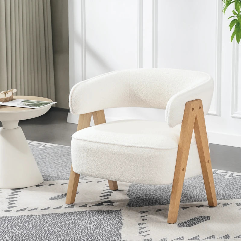 Sherpa Fleece Accent Chair, Upholstered Armchair with Solid Wood Legs and Steel Frame for Living Room, White