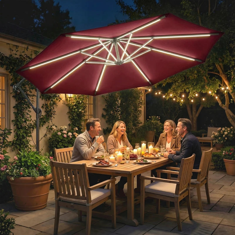 10 ft Offset Patio Umbrella with Solar Light, Garden Hanging Parasol with 360° Rotation, Tilt, Cover, Wine Red