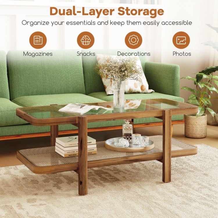 2-Tier Coffee Table with Storage and Tempered Glass Tabletop-Brown
