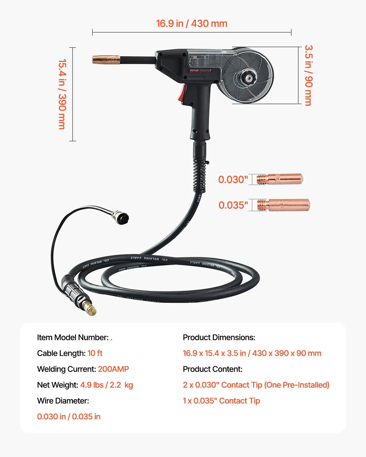 VEVOR 200Amp Spool Gun with 10FT Cable Suitable for 0.030" 0.035" Welding Wires