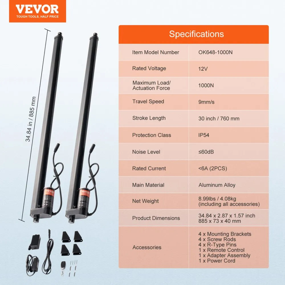 VEVOR 2PCS Linear Actuator Kit, 30 Inch High Speed 0.35"/s Linear Motion Actuator 12V, 220lbs/1000N Linear Actuator for TV/Table/Sofa Lifting, IP54 Protection - Wireless Remote Control Included