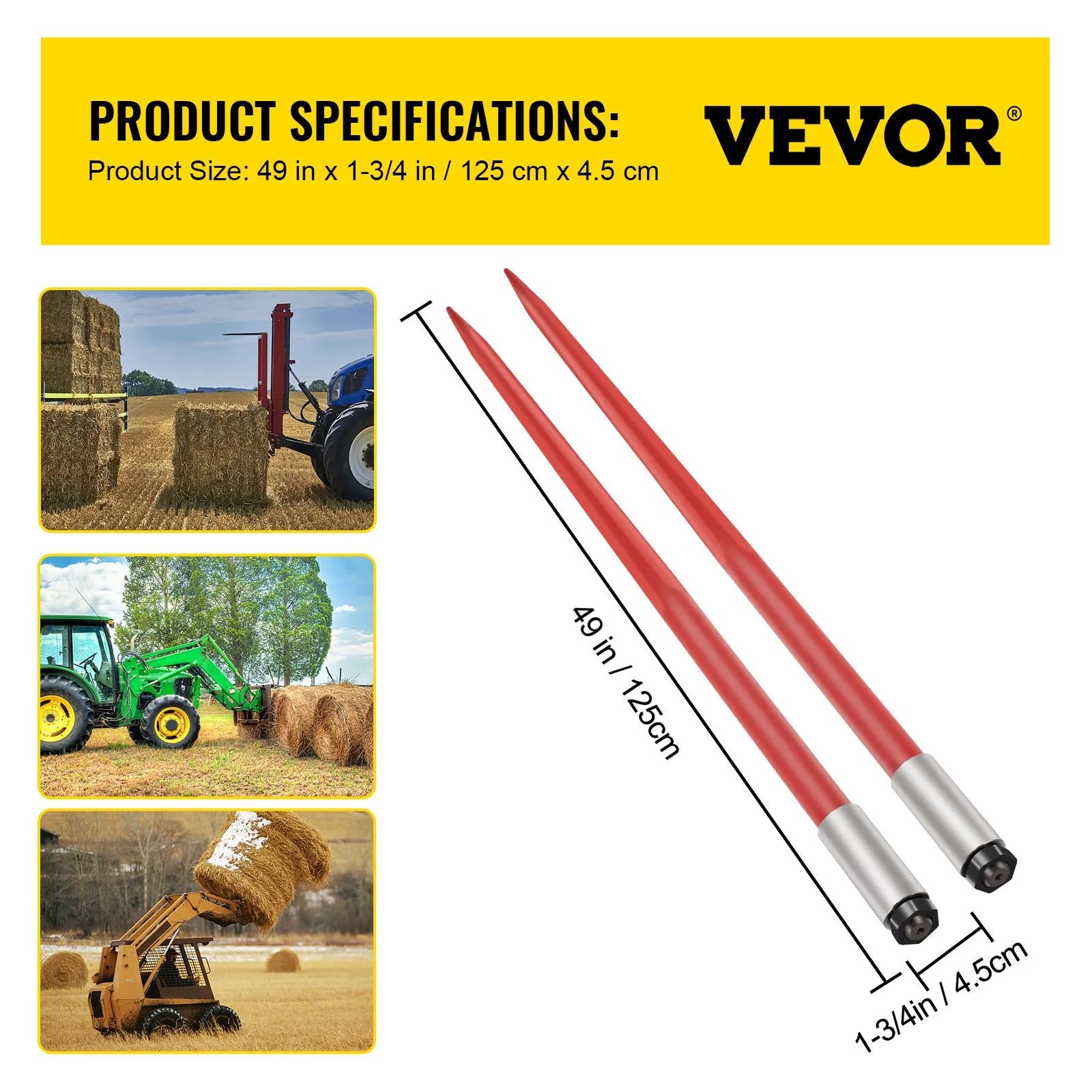 49" Hay Bale Spear 3000 lbs Capacity with Nut and Sleeve