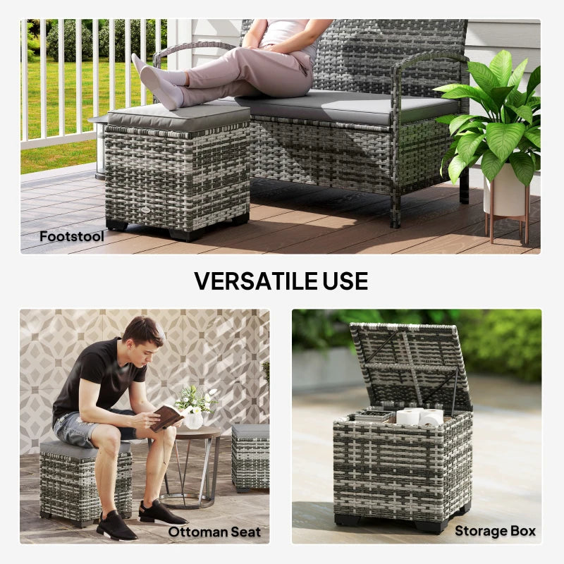 Set of 2 Wicker Ottoman, Outdoor Footstool with Storage & Removable Cushions for Poolside, Patio, Deck, Grey