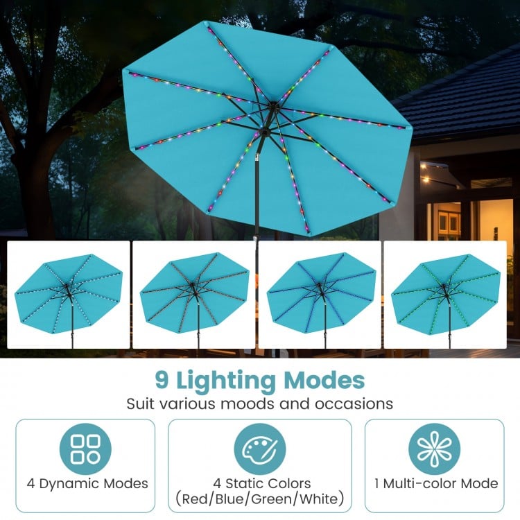10 Feet Solar Patio Umbrella with 96 Multi-Colored Flowing LED Lights and Tilt Adjustment-Turquoise