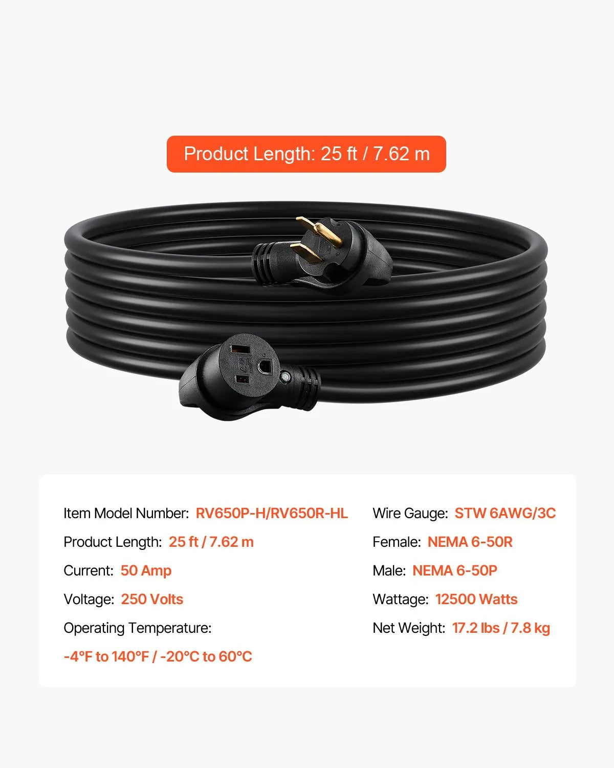 VEVOR 50A Generator Extension Cord 25 ft 250V NEMA 6-50P to 6-50R Power Cable