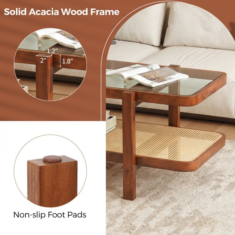 2-Tier Coffee Table with Storage and Tempered Glass Tabletop-Coffee