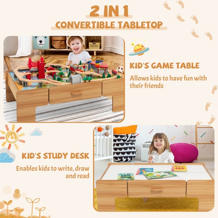 100-Piece Double-Sided Wooden Train Set Table with Storage Drawer for Kids Age 3 +