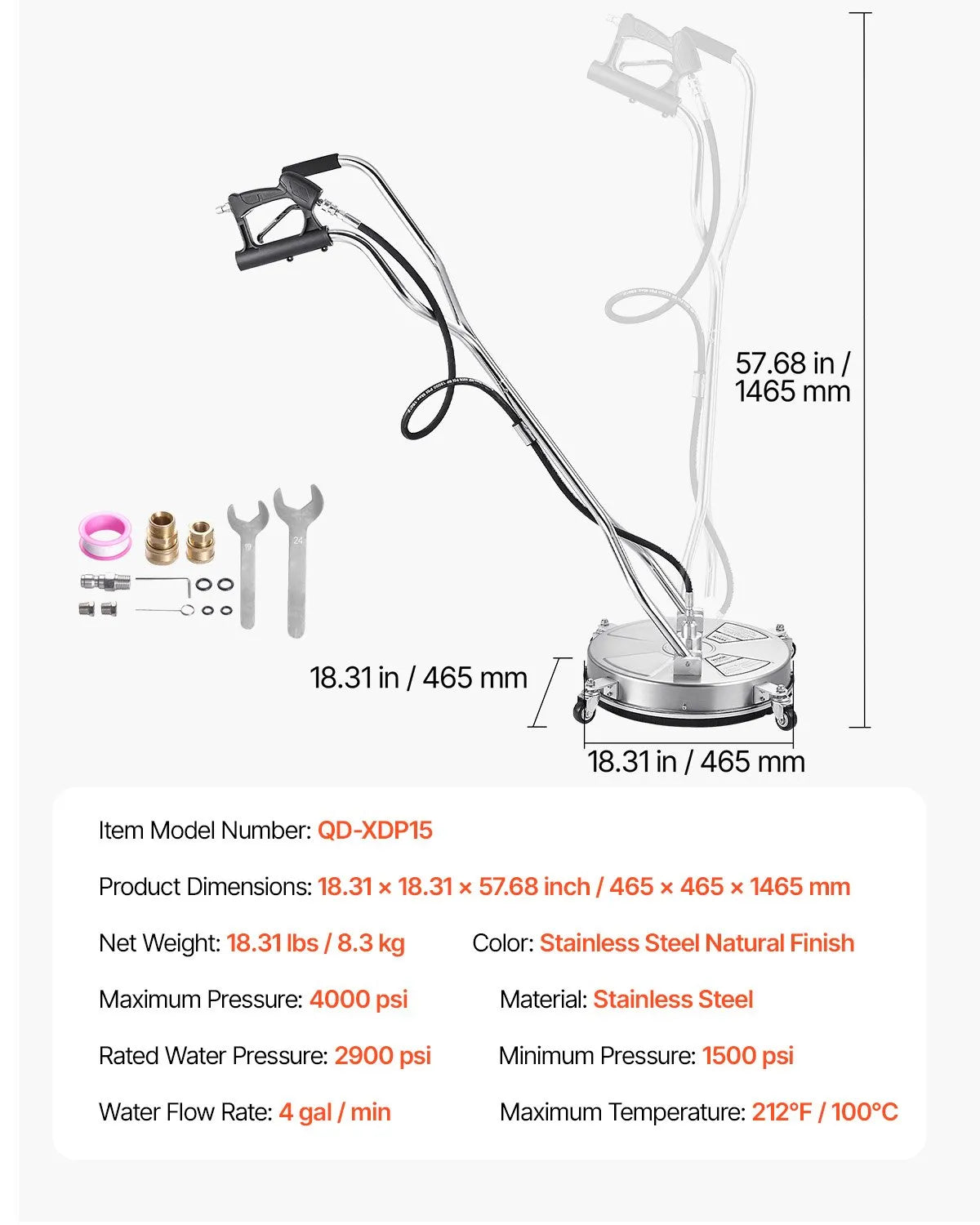 VEVOR 18" Pressure Washer Surface Cleaner 4 Wheels Dual Handle 4000 Max PSI