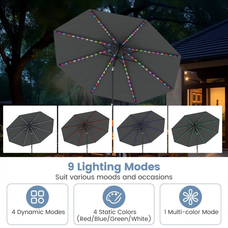 10 Feet Solar Patio Umbrella with 96 Multi-Colored Flowing LED Lights and Tilt Adjustment-Gray