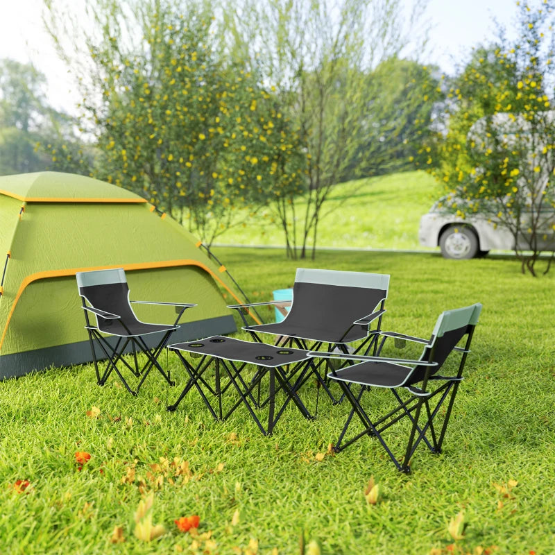 4 Piece Folding Camping Table and Chairs, Outdoor Lawn Chair Set w/ Table, Cup Holders for Hiking, Picnic, Grey