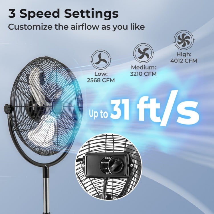 18 Inches High Velocity Pedestal Fan with 3 Speeds and Adjustable Height-Black