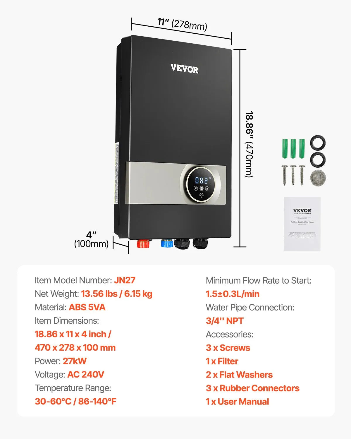 VEVOR 27kW Tankless Electric Water Heater Instant Hot with LCD Child Lock