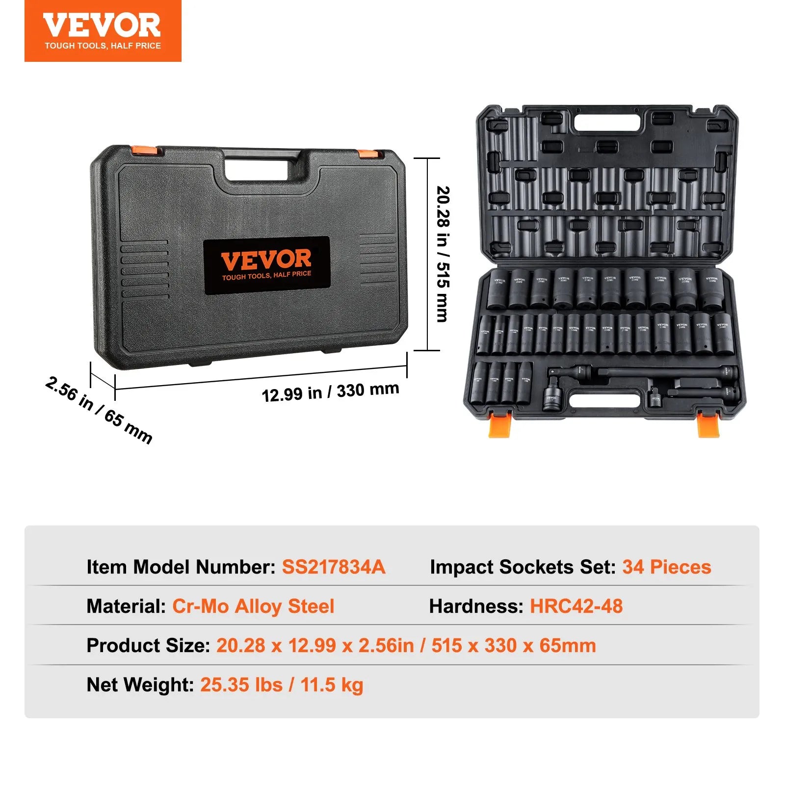 VEVOR 1/2" Drive Impact Socket Set, 34 Piece Socket Set Metric 8-36mm, 6 Point Cr-MO Alloy Steel for Auto Repair, Easy-to-Read Size Markings, Rugged Construction, Includes Storage Case