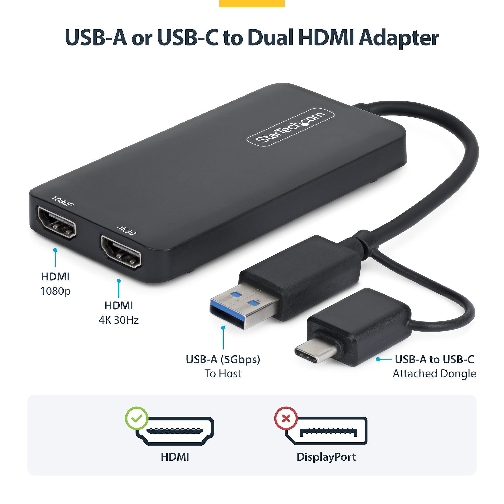 USB to Dual HDMI Adapter, USB A/C to 2x HDMI Displays (1x 4K30Hz, 1x 1080p), 4.3in/11cm Cable, USB 3.0 to HDMI Display Adapter, Windows/macOS, Black
