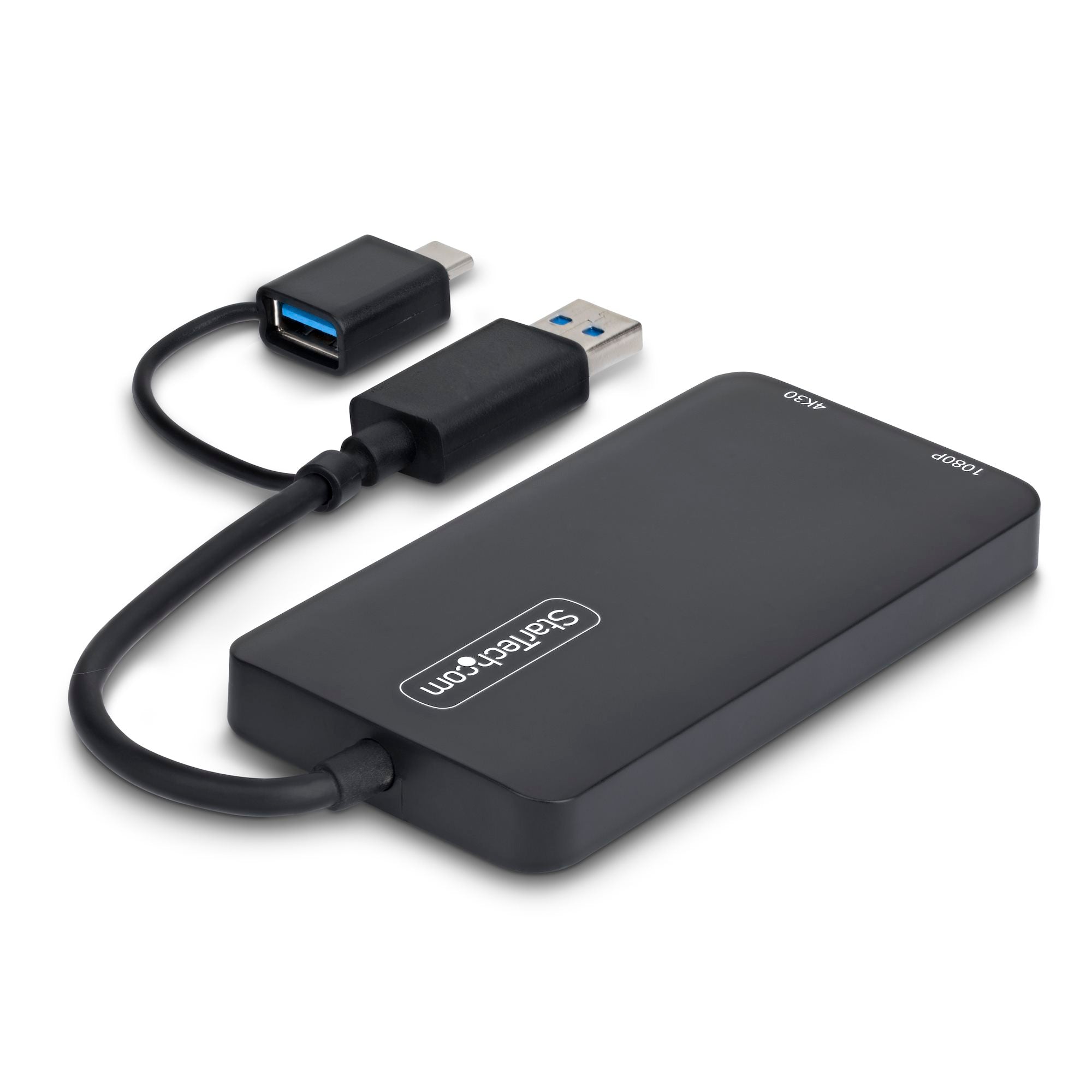 USB to Dual HDMI Adapter, USB A/C to 2x HDMI Displays (1x 4K30Hz, 1x 1080p), 4.3in/11cm Cable, USB 3.0 to HDMI Display Adapter, Windows/macOS, Black