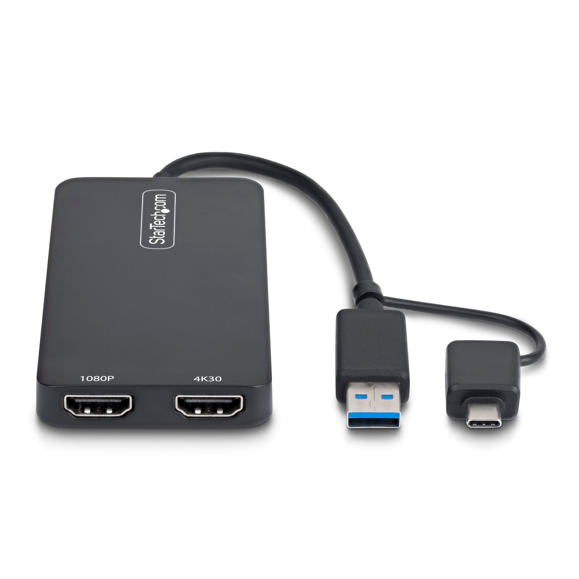 USB to Dual HDMI Adapter, USB A/C to 2x HDMI Displays (1x 4K30Hz, 1x 1080p), 4.3in/11cm Cable, USB 3.0 to HDMI Display Adapter, Windows/macOS, Black