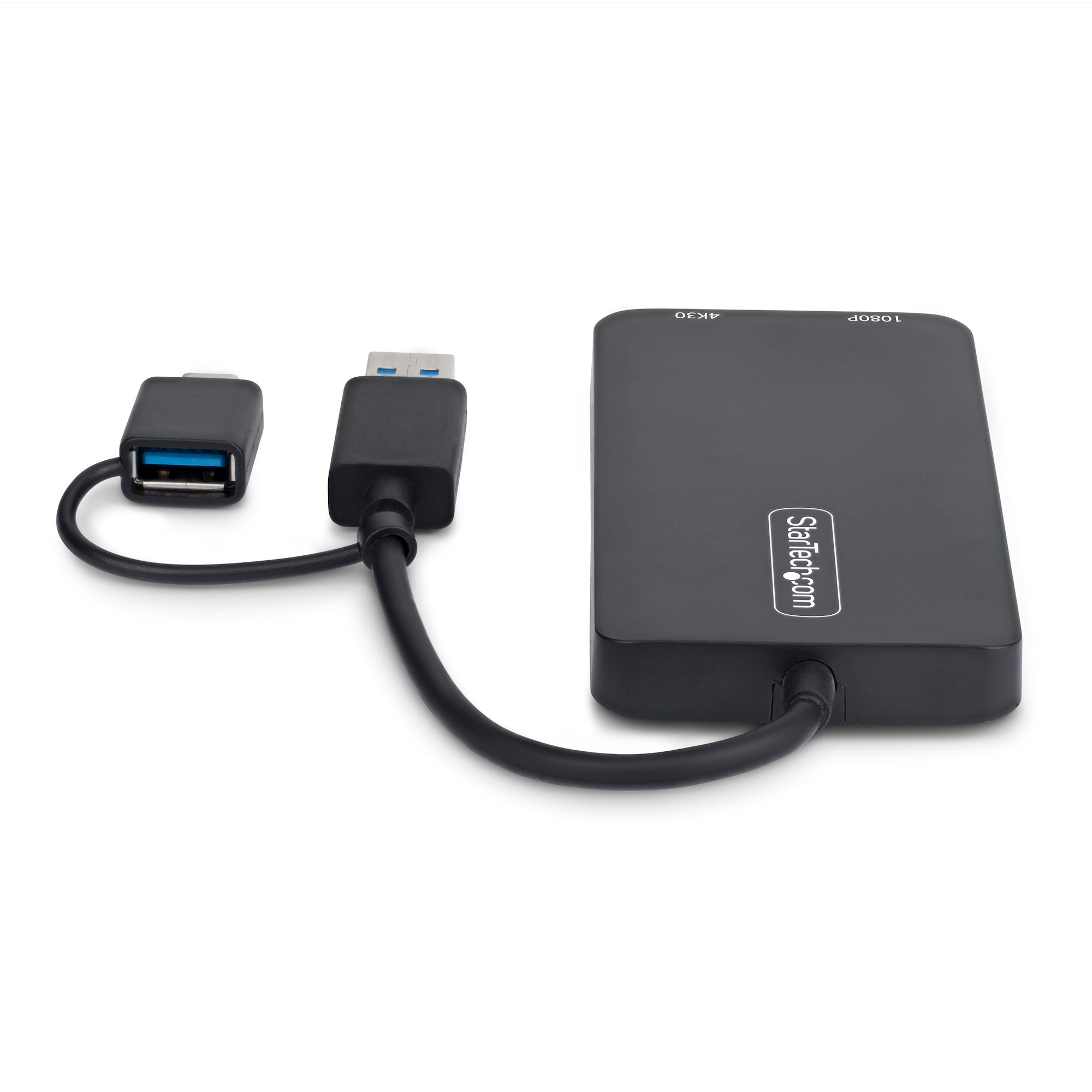 USB to Dual HDMI Adapter, USB A/C to 2x HDMI Displays (1x 4K30Hz, 1x 1080p), 4.3in/11cm Cable, USB 3.0 to HDMI Display Adapter, Windows/macOS, Black
