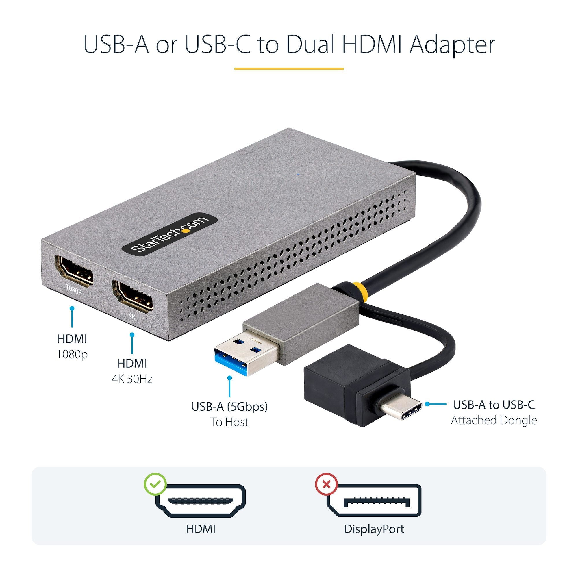USB to Dual HDMI Adapter, USB A/C to 2x HDMI Displays (1x 4K30Hz, 1x 1080p), Integrated USB-A to C Dongle, 4in/11cm Cable, USB 3.0 to HDMI Display Adapter, Windows & macOS