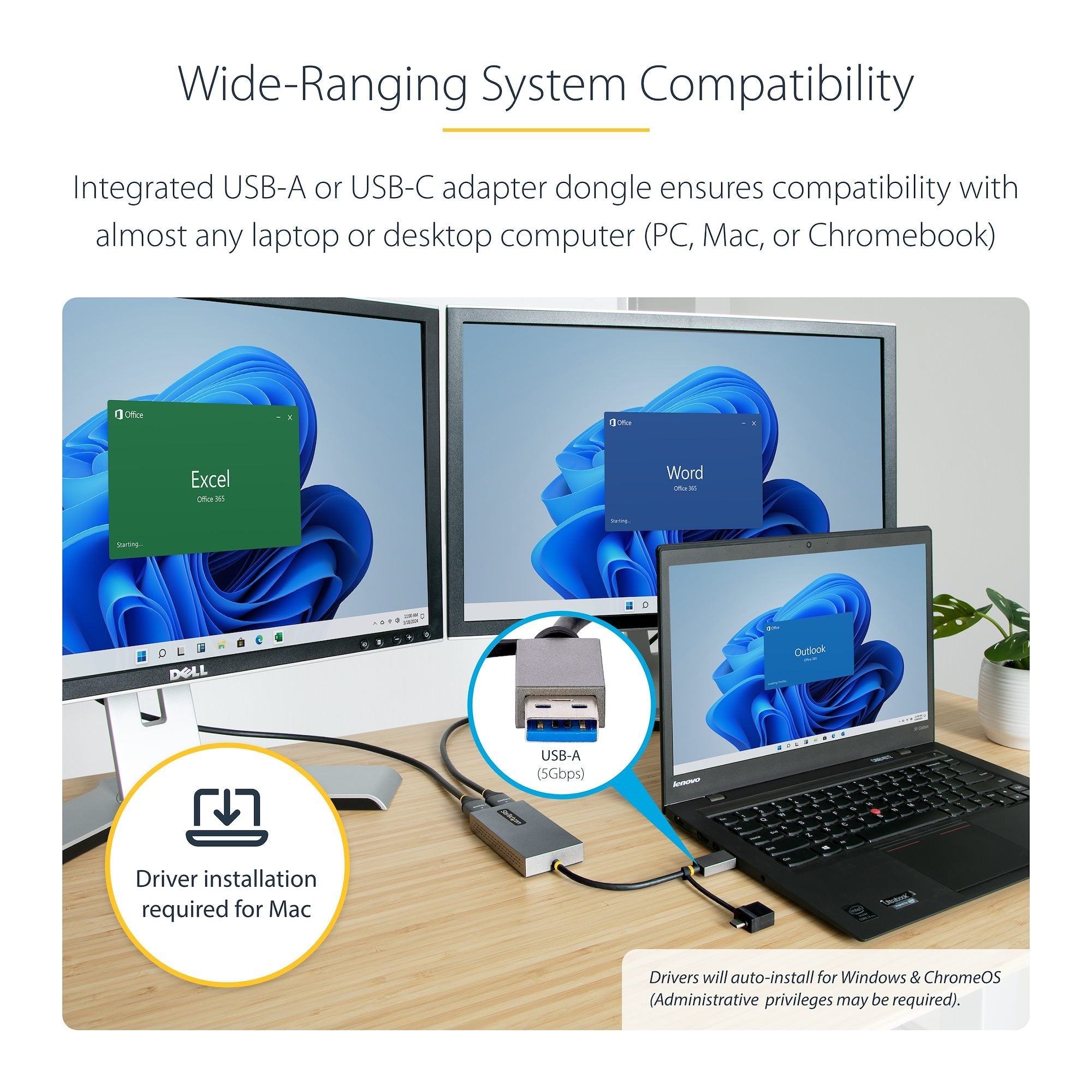 USB to Dual HDMI Adapter, USB A/C to 2x HDMI Displays (1x 4K30Hz, 1x 1080p), Integrated USB-A to C Dongle, 4in/11cm Cable, USB 3.0 to HDMI Display Adapter, Windows & macOS