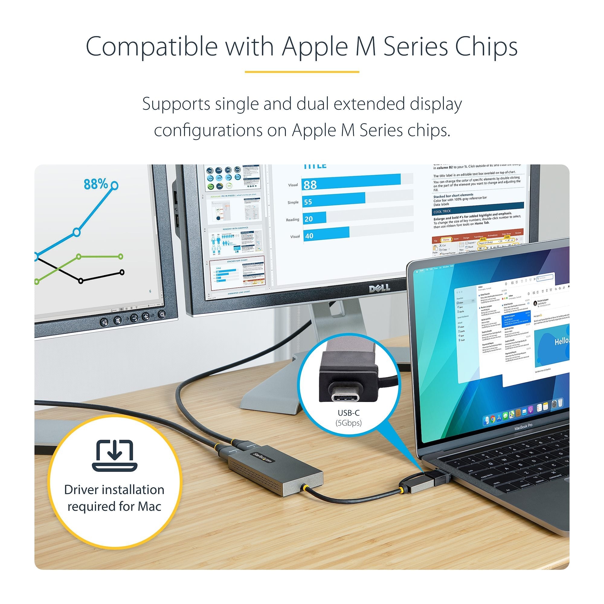 USB to Dual HDMI Adapter, USB A/C to 2x HDMI Displays (1x 4K30Hz, 1x 1080p), Integrated USB-A to C Dongle, 4in/11cm Cable, USB 3.0 to HDMI Display Adapter, Windows & macOS