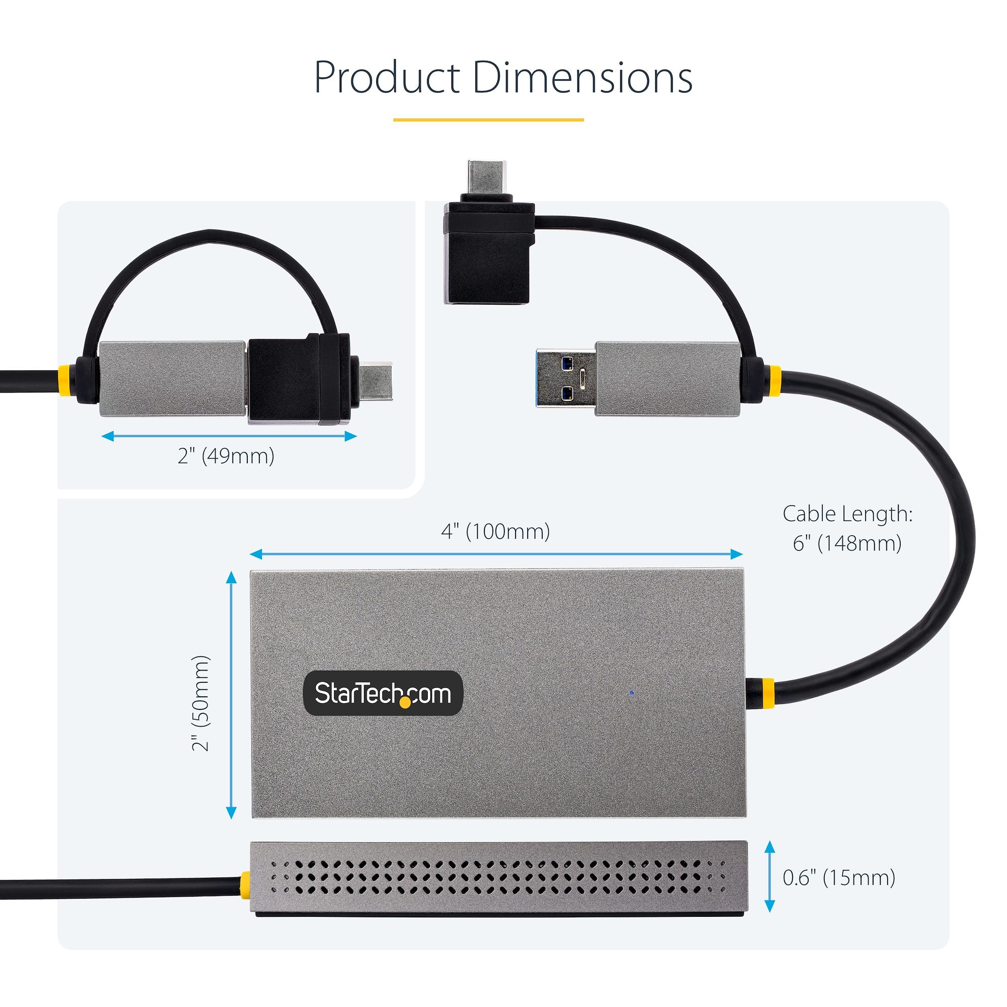 USB to Dual HDMI Adapter, USB A/C to 2x HDMI Displays (1x 4K30Hz, 1x 1080p), Integrated USB-A to C Dongle, 4in/11cm Cable, USB 3.0 to HDMI Display Adapter, Windows & macOS