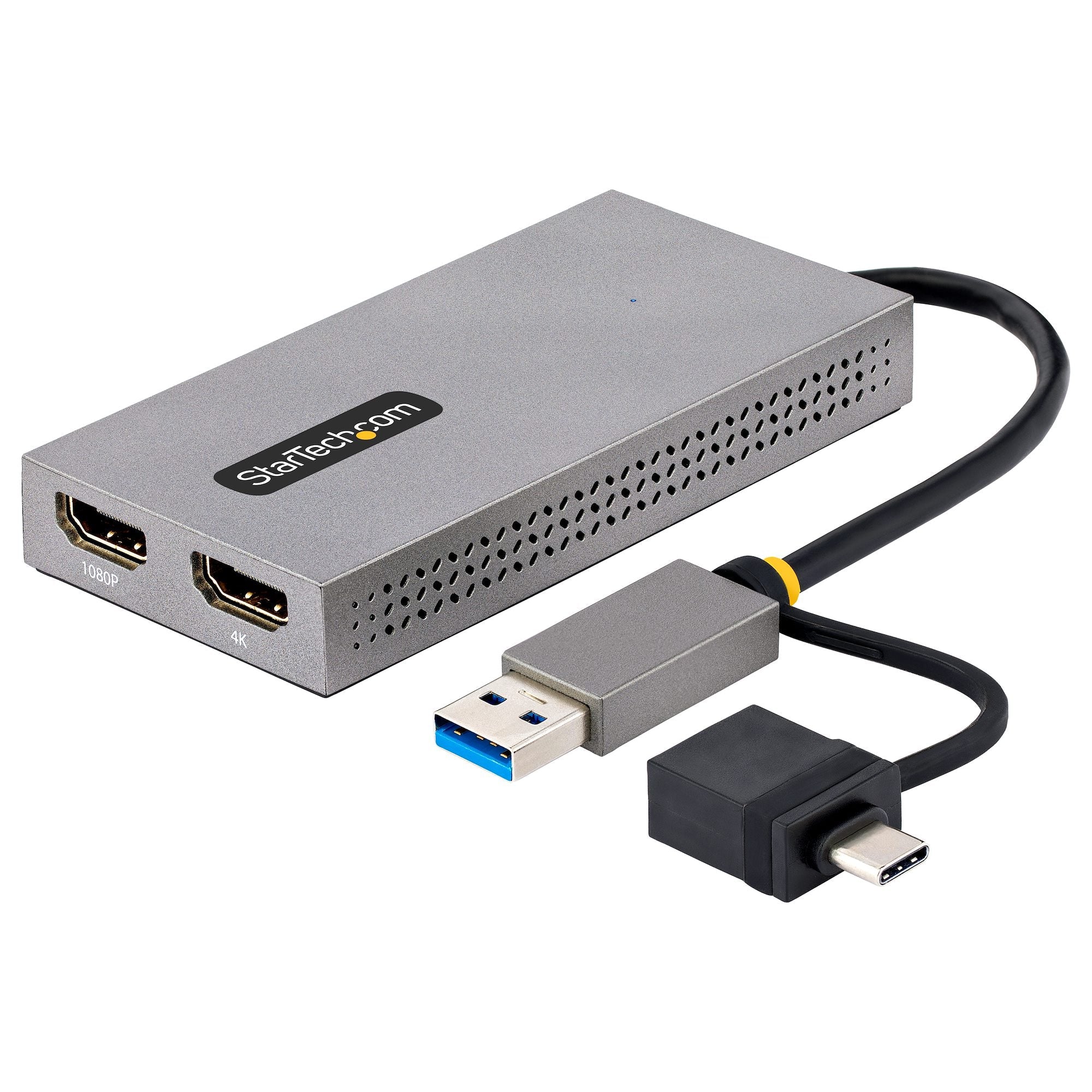 USB to Dual HDMI Adapter, USB A/C to 2x HDMI Displays (1x 4K30Hz, 1x 1080p), Integrated USB-A to C Dongle, 4in/11cm Cable, USB 3.0 to HDMI Display Adapter, Windows & macOS