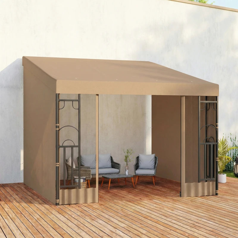 10' x 10' Wall Pergola, Outdoor Gazebo with 2 Curtains and 2 Nettings, UV Resistant, for Patio, Deck, Khaki