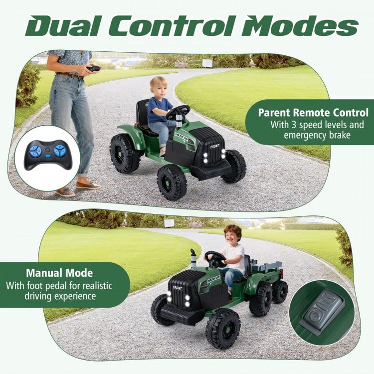 24V Ride On Tractor for Kids Electric Vehicle with Detachable Trailer and Remote Control-Dark Green