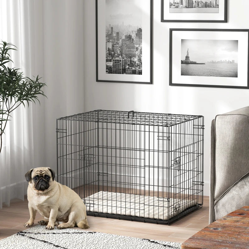 30" Dog Crate with 2 Doors, Folding Metal Dog Cage with Soft Cushion, Removable Tray, Handle, for Small Dogs, Black