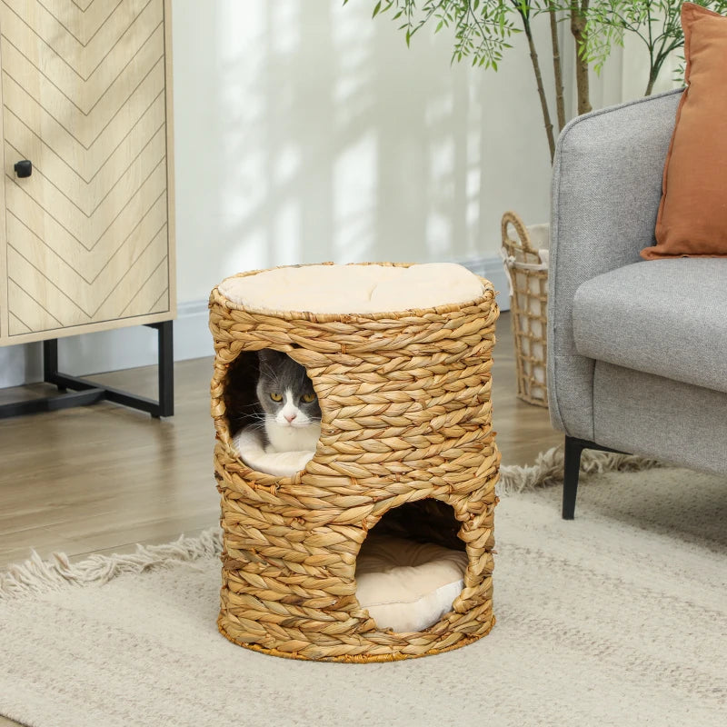 2-Storey Cat Condo Barrel, Small Cat Tree Tower with Top Perch and 2 Hideaways, 2 Entrances, 3 Cushions, Light Brown