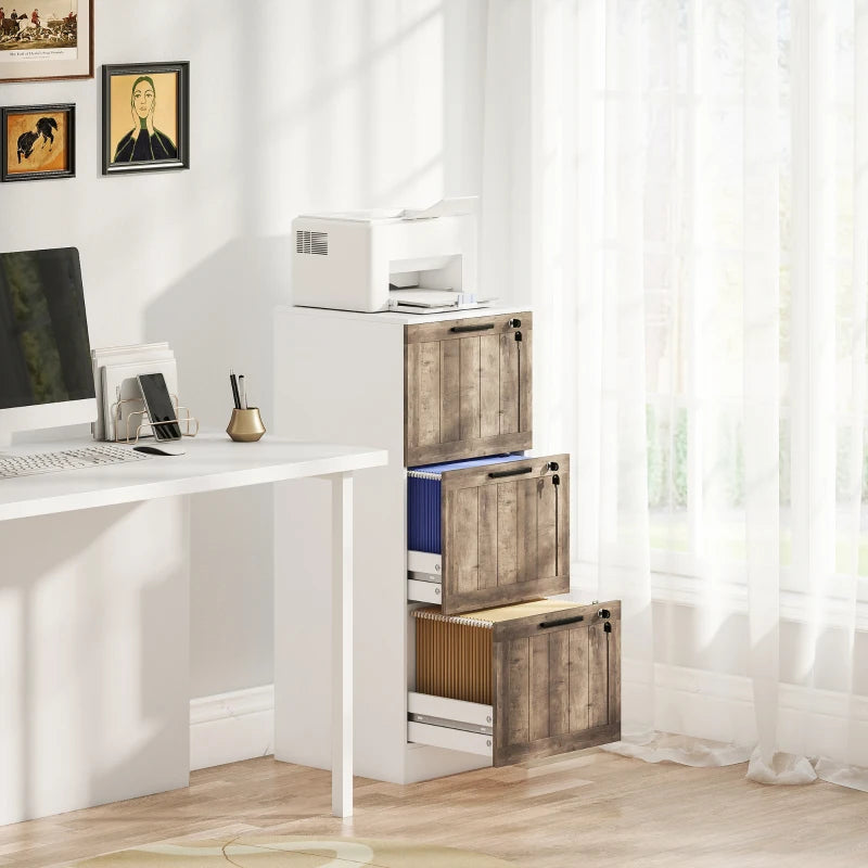 3 Drawer Filing Cabinet, Farmhouse File Cabinet with Lock, Adjustable Hanging Rails for A4 Letter Size Files, White