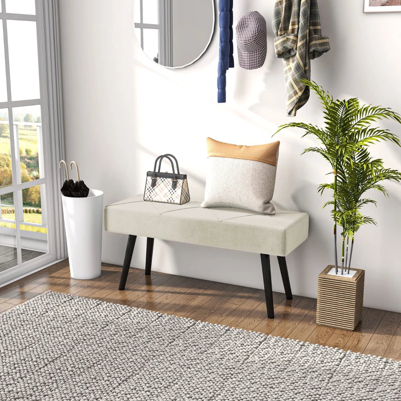 39 Inches Upholstered Bedroom Bench, Modern End of Bed Bench with Steel Legs, Cream White