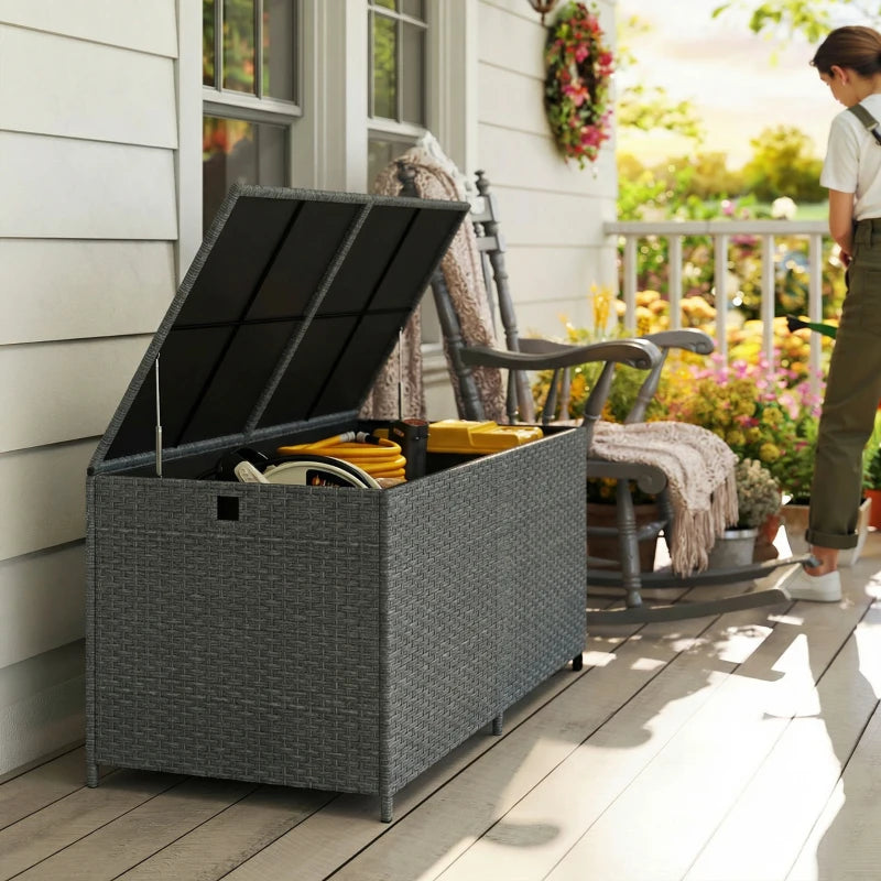 162 Gallon Rattan Deck Box with Wheels, Wicker Outdoor Storage Box with Waterproof Zippered Liner, Safe Pneumatic Rod