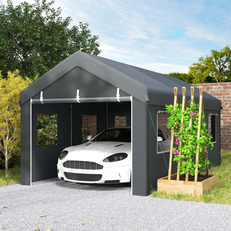 10' x 20' Carport, Heavy Duty Portable Garage with 6 Mesh Windows and 2 Doors, Dark Grey