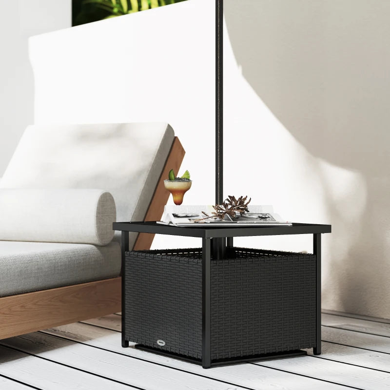 21.75" Outdoor Rattan Wicker Patio Coffee Table with Umbrella Hole, Patio Side Table with Slatted Metal Top, Black