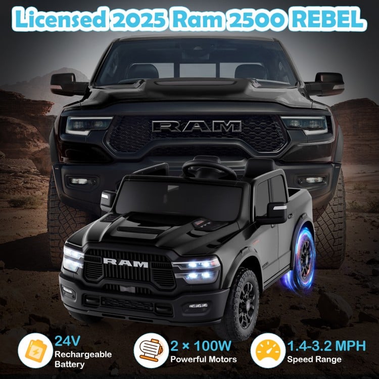 2 Seater 24V Ride on Toy for Big Kids Licensed Ram Truck with Remote and Music-Black