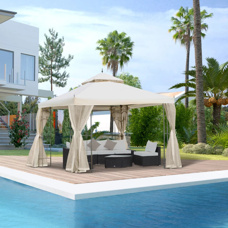 10' x 10' Steel Outdoor Patio Gazebo Canopy with Removable Mesh Curtains, Display Shelves, & Steel Frame, Beige