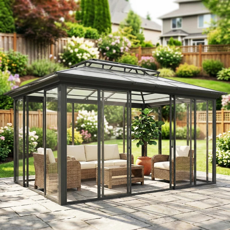 10' x 14' Outdoor Hardtop Gazebo, Aluminum Sun Room Solarium with Sliding Doors, Double Roof Patio Gazebo, Dark Grey
